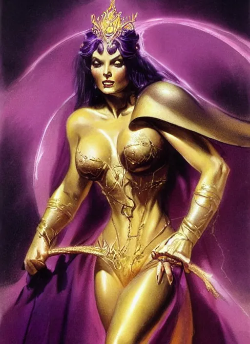 Prompt: portrait of plump female evil sorceress, golden tiara, purple robe and veil, lightning halo, strong line, muted color, beautiful! coherent! by frank frazetta, by boris vallejo