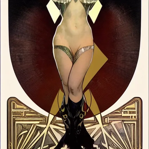 Prompt: deco art by artgerm, greg rutkowski and alphonse mucha. just one black tape project attctive showgirl. full body!! hd, 4 k, stage light. by