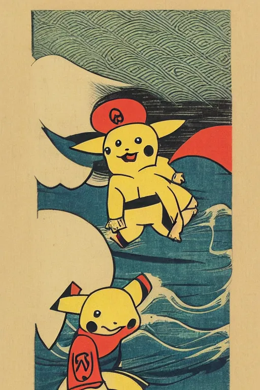 Image similar to Surfing Pikachu, Japanese ukiyo-e ukiyo-ye woodblock print, by Moronobu