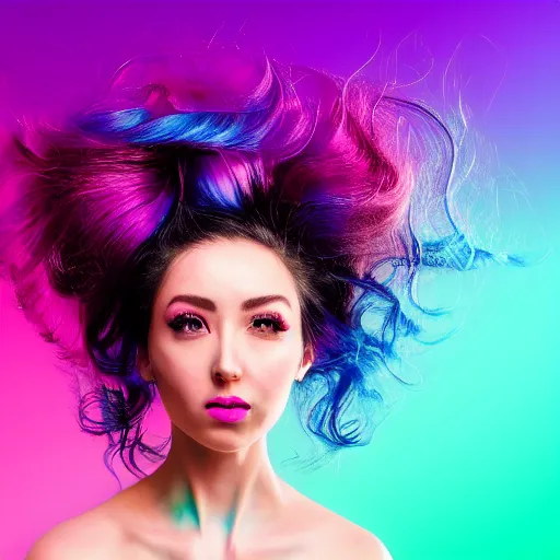 Prompt: a award winning half body portrait of a beautiful woman in a croptop with a ombre purple pink teal hairstyle with head in motion and hair flying, teal gradient background, outrun, vaporware, vivid colors, highly detailed, fine detail, intricate