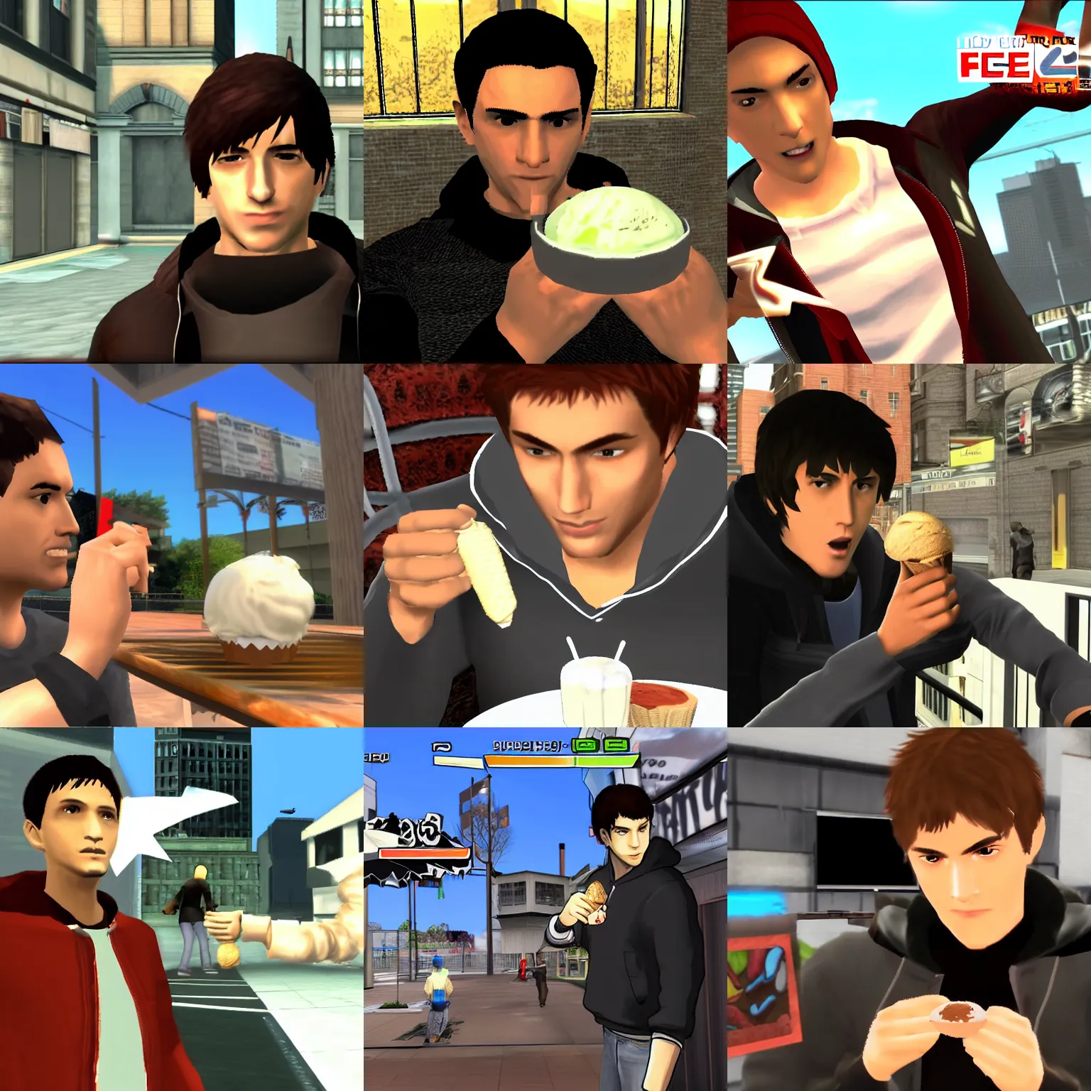 Prompt: alex mercer prototype ( 2 0 0 9 ) eats ice cream, wearing black hoodie, ps 3 / x 3 6 0 gameplay screenshot