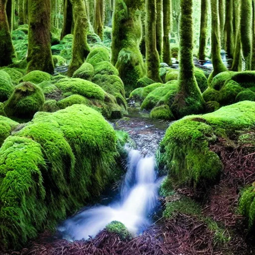 Image similar to 1 0 round pools of water in an open forest, the wood between the worlds, narnia, cs lewis, lush green forest, moss and ferns, ferns,