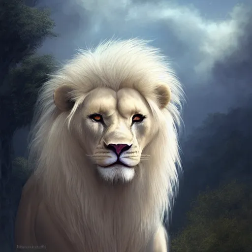 Image similar to a beautfiul aesthetic commission portrait of a anthro albino lion looking at the sky worried,attractive beautiful face,detailes face,expression,natural lighting,fantasy art,deviantart,artstation,character design by charles bowater,ross tran,greg rutkowski,4k,photorealistic