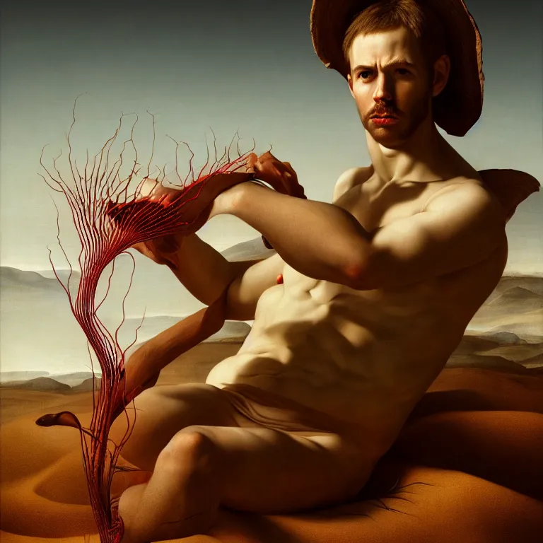 Image similar to carnivorous plant, young white man, in desert, dune, baroque portrait painting, beautiful detailed intricate insanely detailed octane render trending on Artstation, 8K artistic photography, photorealistic, chiaroscuro, Raphael, Caravaggio