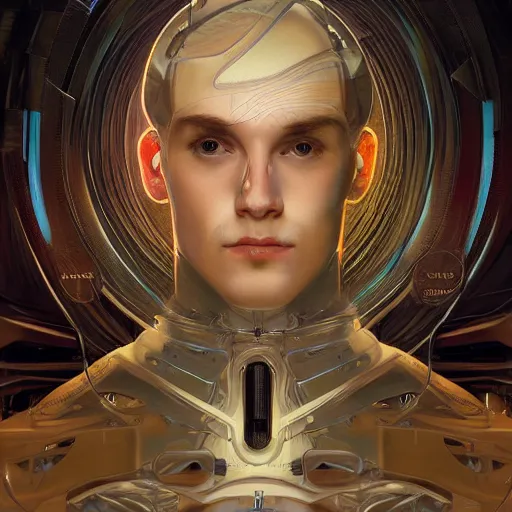 Prompt: portrait of a beautiful blond male android, coy, circuitry visible in head, in the style of ex machina, karol bak, alphonse mucha, greg rutkowski, award winning, hr giger, artstation