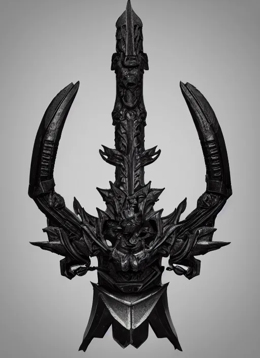 Prompt: a black long sword skull crest, orthographic, ornament, weapon, a 3 d render by dom qwek, front side views full, trending on polycount, artstation, hard surface modeling, rendered in maya, 3 ds max, blender, hd, vray, berserk guts