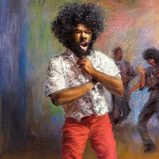 Image similar to black man with curly hair dancing inside a equipped photography studio by himself, intricate details, happy, impressionist painting, figurative painting