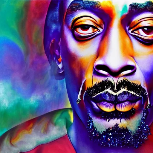 Image similar to colour masterpiece surreal closeup portrait photography snoop dogg by miho hirano and annie leibovitz and michael cheval, psychedelic smoke background, 8 k