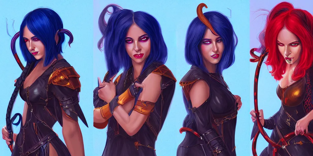 Image similar to triptych of youthful female feminine horned tiefling female bard with long bob cut blue hairstyle, her skin is tangerine, she has immaculate skin and pure black eyes and is wearing colorful leather armor by rossdraws,