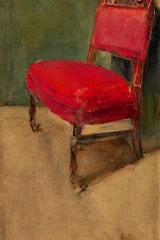 Prompt: a red dress laid across a chair in a dark victorian era room. in the style of american impressionism painting. triadic color scheme