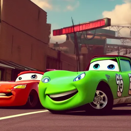 Image similar to a still from a gritty remake of cars, where lightning mcqueen gets into a greusome car accident with tow mater. rendered in 4 k with presto animation software.