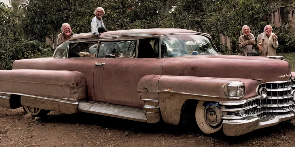 Image similar to a widescreen photo of a old cadillac full with old laughing happy old men with long hair, long beards, low light, by steve mccurry