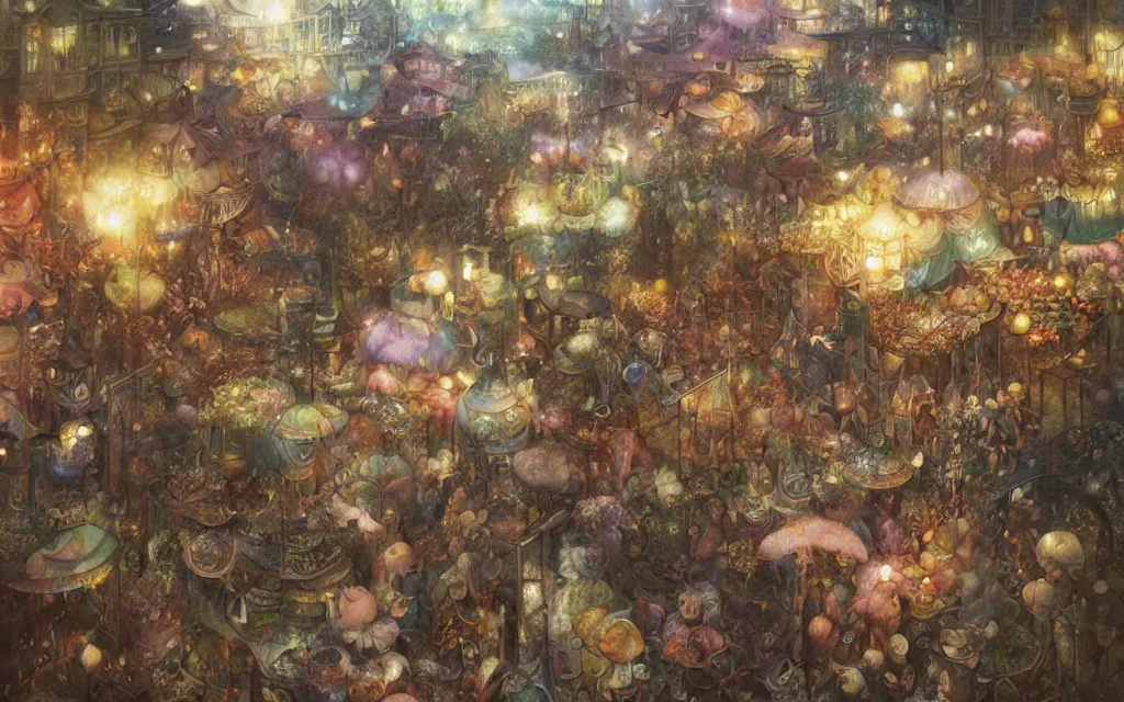 Prompt: night festival at the market, beautiful matte painting, brian froud, yoshitaka amano, kim keever, victo ngai, james jean