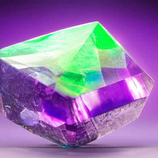 Prompt: a giant purple gemstone crystal, bokeh, 3 5 mm, macro, top - view, colorful, technicolor, 3 d, 4 k, super - resolution, polygonal, uv, volumetric light, iridescent