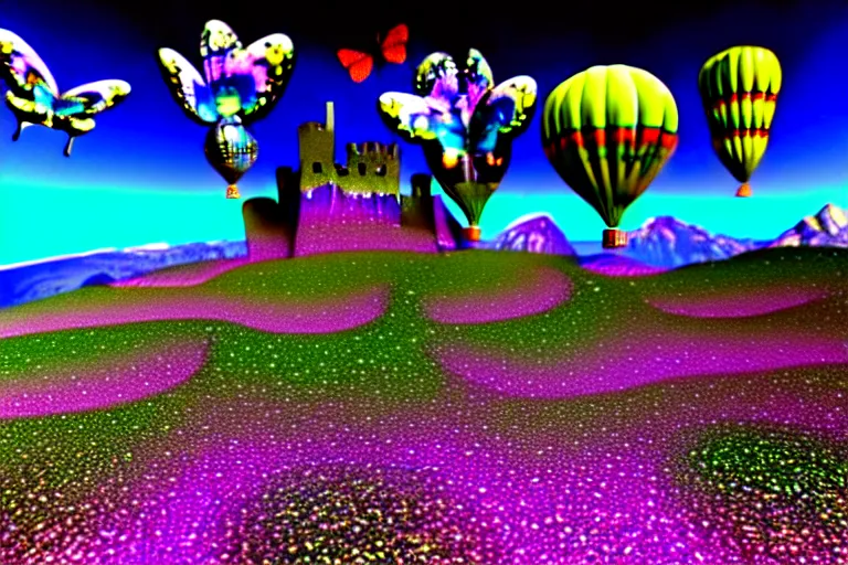 Prompt: 3 d render of cybernetic mountain landscape with castle ruins with angel wings and hot air balloons against a psychedelic surreal background with 3 d butterflies and 3 d flowers n the style of 1 9 9 0's cg graphics, lsd dream emulator psx, 3 d rendered y 2 k aesthetic by ichiro tanida, 3 do magazine, wide shot