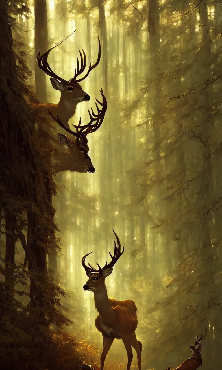 Image similar to Deer in Sherwood Forest, full frame, highly detailed, digital painting, artstation, concept art, smooth, sharp focus, illustration, art greg rutkowski and alphonse mucha