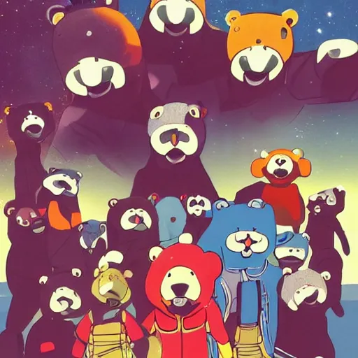 Image similar to happybears!, happy bears! kill union, humanoid bears, bear costumes, happy faces, evil happy faces, rollerblading, rollerskates, four humanoid bears, 2 0 0 1 anime, flcl, golden hour, japanese town, cel - shaded, strong shadows, vivid hues, y 2 k aesthetic