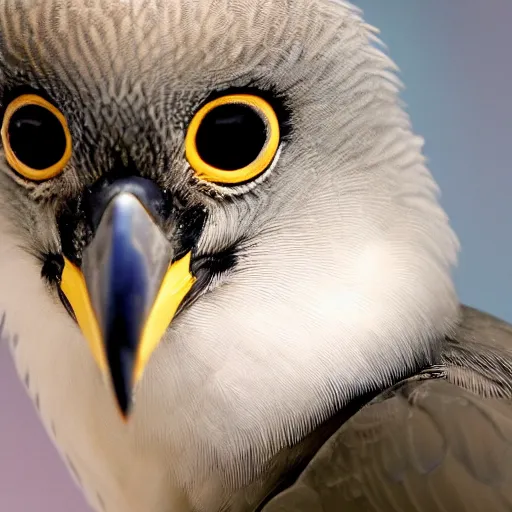 Image similar to bird stares face on into camera with quizzical expression, extremely detailed cartoon