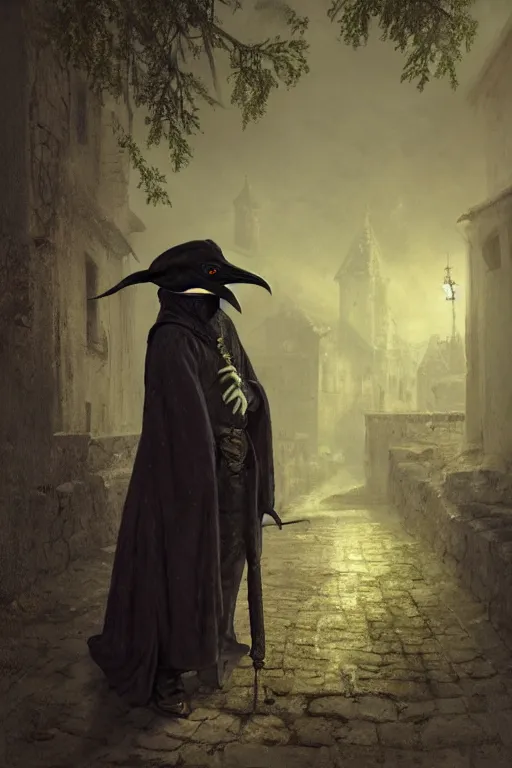 Prompt: A fancy portrait of a green medieval plague doctor wearing a beak mask in a medieval village by Greg Rutkowski, Sung Choi, Mitchell Mohrhauser, Maciej Kuciara, Johnson Ting, Maxim Verehin, 8k photorealistic, cinematic lighting, HD, high details, dramatic, dark atmosphere, trending on artstation