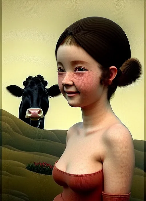 Image similar to hyper detailed 3 d render like a oil painting - cute portrait of a brunette called emma, italian looks, looking at camera, symmetrical face, long brunette hair, with a smiling cow looking over her shoulder by ryden, kawase hasui, dorothea tanning, edward hopper and james gilleard, aivazovsky, beksinski, outram, artstation