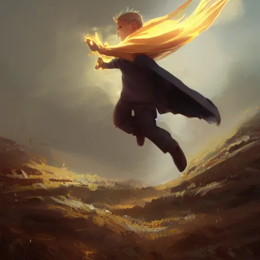 Image similar to blonde boy with golden eyes wearing a brown cape and flying in t pose, energy background, brush strokes, greg rutkowski