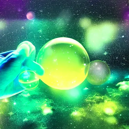 Image similar to a human hand holding a bunch of soap bubbles in a cosmos space full of stars and clouds, volumetric light, green and yellow colors, digital art, artstation