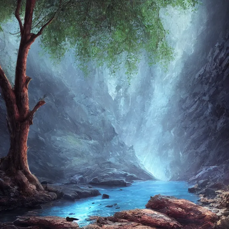 Image similar to A beautiful, highly detailed, very realistic oil painting of a single tree with rainbow leaves, next to a small river, glowing bright blue in the middle of a huge, very dark cave, with lots of dark grey rocks, oil painting by Greg Rutkowski.