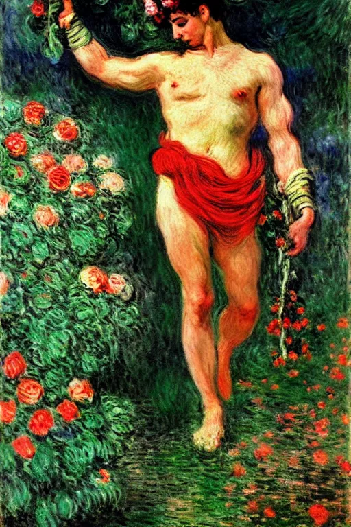 Image similar to the greek god hermes marched forward among the roses, monet, musha