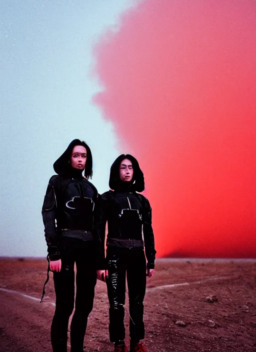 Image similar to cinestill 5 0 d photographic portrait of two loving female androids wearing rugged black techwear on a desolate plain with a red sky, extreme closeup, cyberpunk style, in front of a brutalist dark metal facility, dust storm, 8 k, hd, high resolution, 3 5 mm, f / 3 2, ultra realistic faces, ex machina