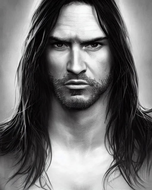 Image similar to portrait of tall, tired 3 3 - year - old handsome man with long black hair, grey eyes, wearing black clothes, hyper realistic face, beautiful eyes, character art, art by mark brooks, hyperdetailed, cryengine, trending on artstation, digital art