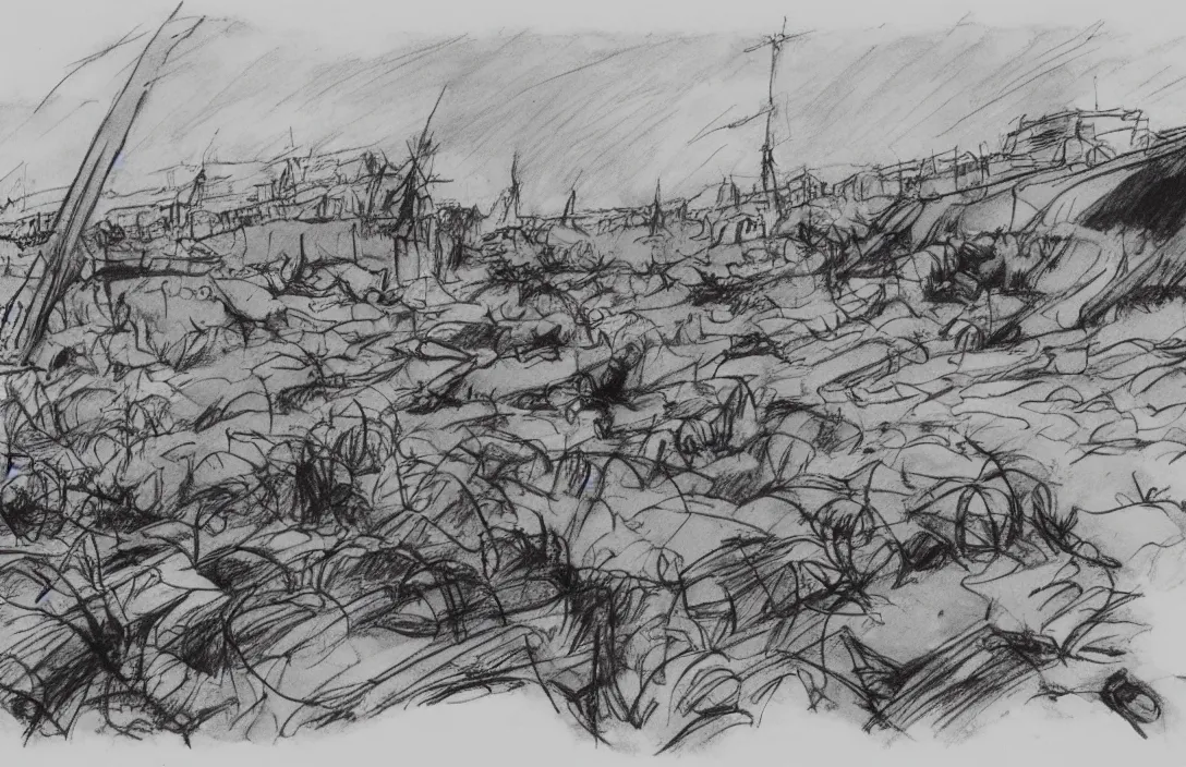 Image similar to milt kahl sketch of world war 1 trenches with the city of miami in the background