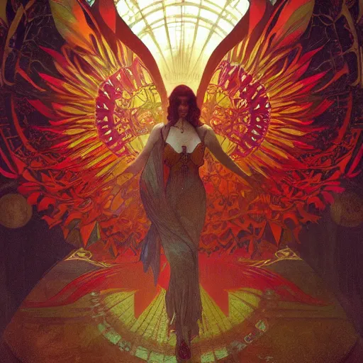 Prompt: the solarpunk phoenix, red bird, volumetric light, bokeh, painting by greg rutkowski by alphonse mucha