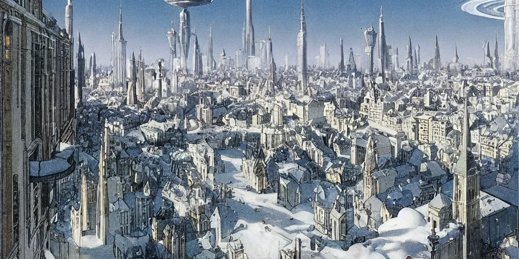 Image similar to a sprawling white fantastical city on the edge of a black hole, painted by francois schuiten and moebius and vilhelm hammershøi