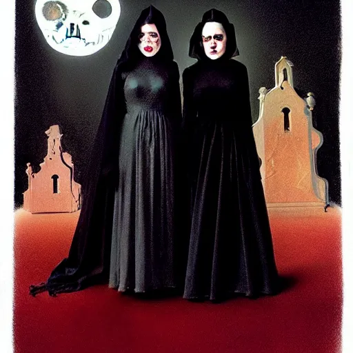 Prompt: in the style of Gottfried Helnwein, David Kassan, Steve Niles Norman Rockwell, three female witches dressed in black with veils:: graveyard:: red moon:: vampire blonde woman::