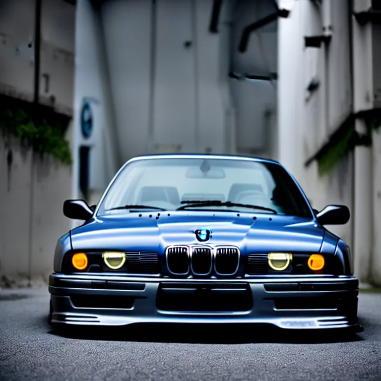 Image similar to close-up-photo BMW E36 illegal meet, cambered wheels, Saitama prefecture, misty midnight, cinematic color, photorealistic, high detailed deep dish wheels, highly detailed, custom headlights, subtle neon underlighting