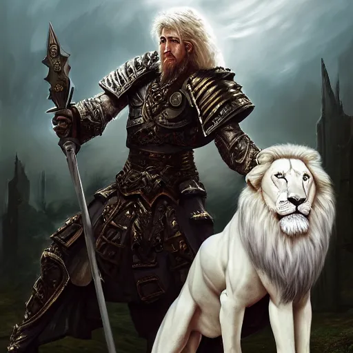 Prompt: an image of Godfrey the first Elden Lord posing with a white lion after the battle, photorealistic, Artstation, digital art, high contrast, sharp focus