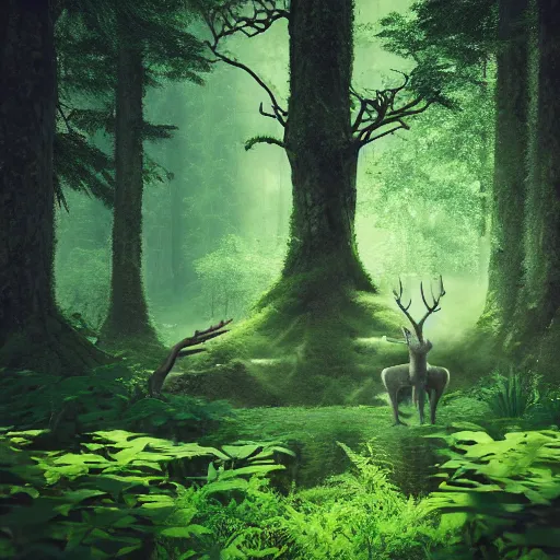 Prompt: deep forest with mystical creatures, rendered in octane, magic, love energy, nature, lush green environment, rendered octane