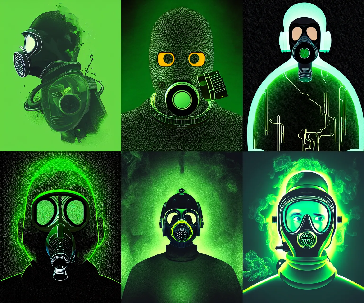 Prompt: man in a gas mask portrait, black green smoke, matrix, liquid smoke twisting, cinematic lighting, intricately detailed, liam brazier, petros afshar