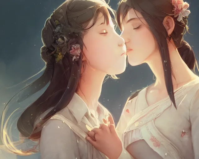 Image similar to two beautiful girls kissing, sharp details, sharp focus, elegant, highly detailed, illustration, by jordan grimmer and greg rutkowski and pine ( ハイネ ) and 薯 子 imoko and 香 川 悠 作 and wlop and maya takamura, intricate, beautiful, trending artstation, pixiv, digital art