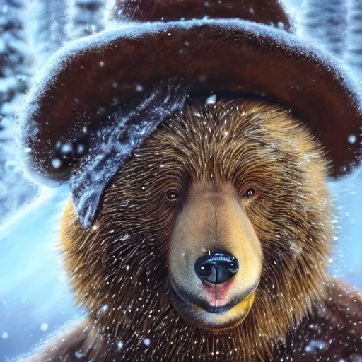 Prompt: close-up portrait of smiling brown bear holding bottle of vodka and in hat in winter at streets of Moscow, sharp focus, fantasy style, octane render, volumetric lighting, 8k high definition, by greg rutkowski, highly detailed, trending on art Station