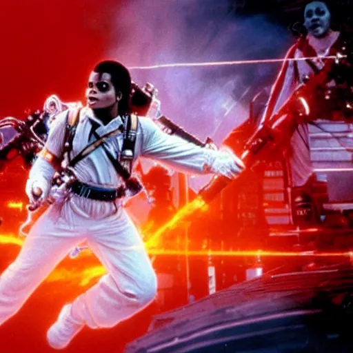Image similar to stunning awe inspiring michael jackson with a highly detailed face as a ghostbuster in the movie ghostbusters, movie still 8 k hdr atmospheric lighting