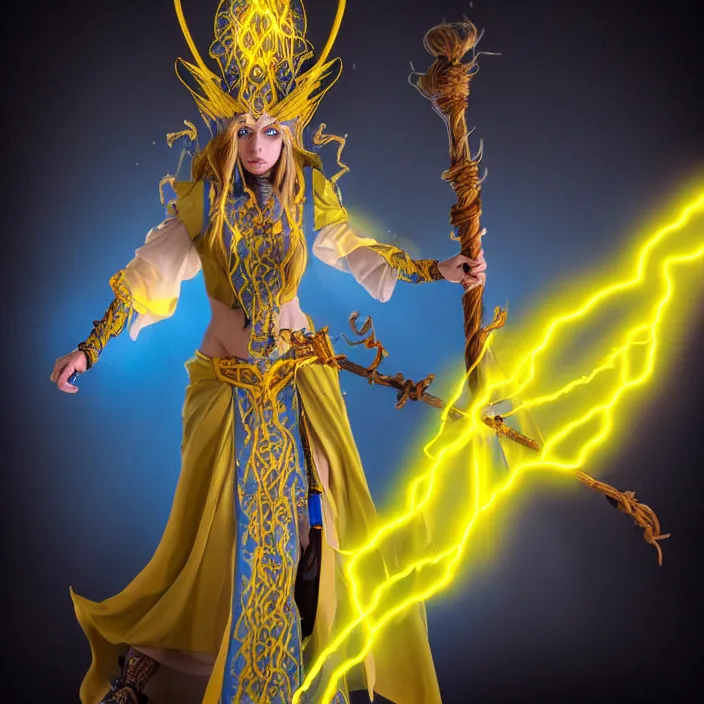 Image similar to photograph of a real - life beautiful elemental lightning witch with ornate yellow and blue robes and staff. extremely detailed. 8 k