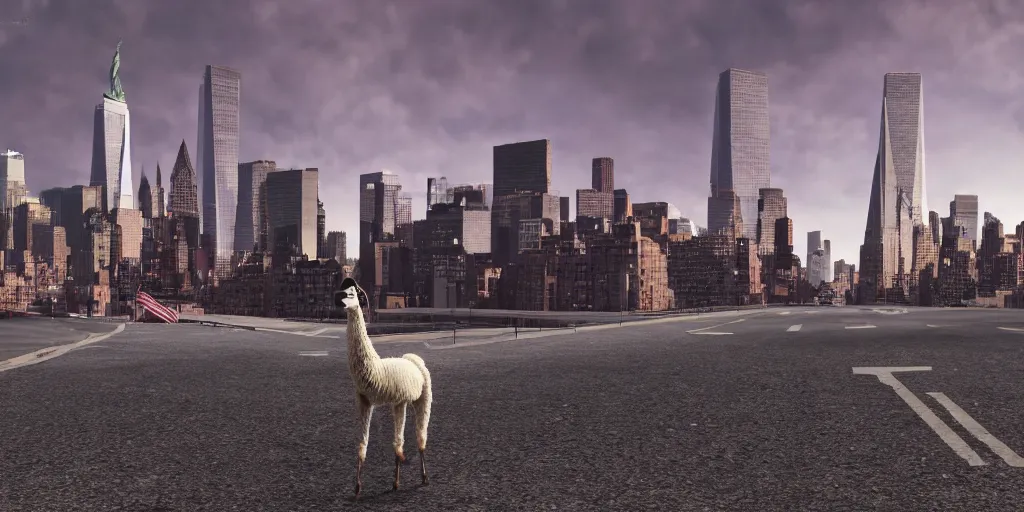 Image similar to a llama walking away from the camera into a desolate manhattan city street at night, statue of liberty seen in the background, realistic 4 k octane beautifully detailed render, 4 k post - processing, highly detailed, detailed face, intricate complexity, epic composition, magical atmosphere, cinematic lighting, masterpiece, ultra hd