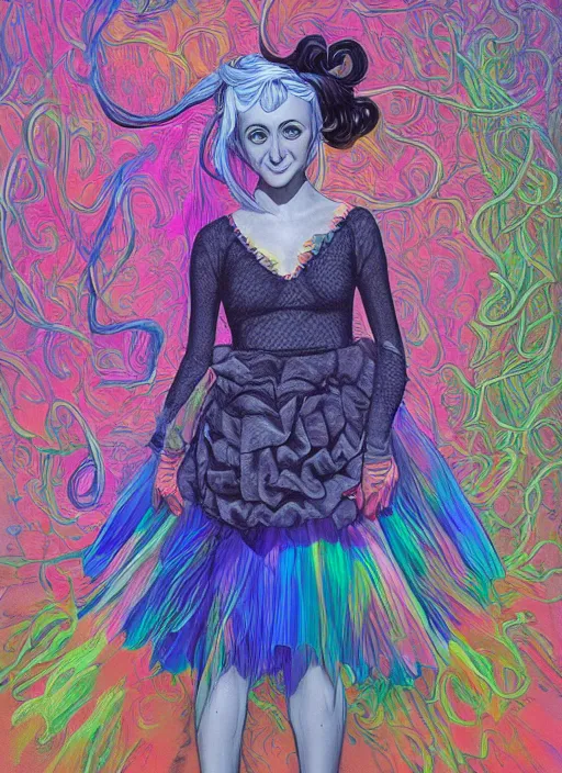 Prompt: surrealism psychedelic full body portrait sketch of evanna lynch as delirium of the endless in fishnet top and rainbow tutu skirt from the sandman, floating goldfish, green and blue eye heterochromia by alex ross, josh kirby, detailed, elegant, intricate