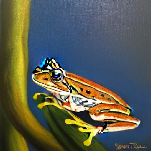 Image similar to beautiful oil painting of a common frog on a tree, sunlight, award - winning, matte,