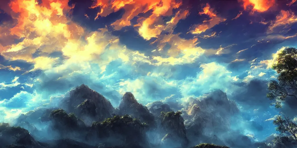 Prompt: majestic landscape rendered with badassasaurus 4 0 k, prismatic sky, magical clouds,