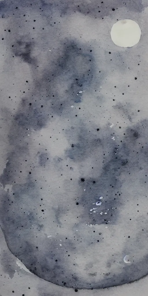 Image similar to traditional oriental water colour of space, liminal, lonely, highly detailed, black ink, moon hovers above