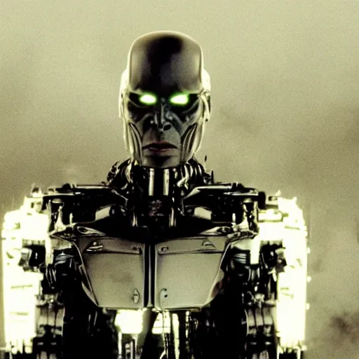 Image similar to movie still of a villain cyborg, facial expression, cinematic composition, cinematic light, surreal cinema, by edgar wright and david lynch,