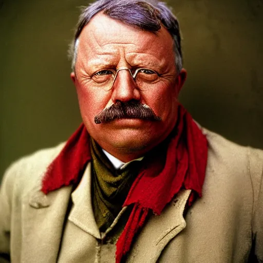 Image similar to portrait of president teddy roosevelt as afghan man, green eyes and red scarf looking intently, photograph by steve mccurry