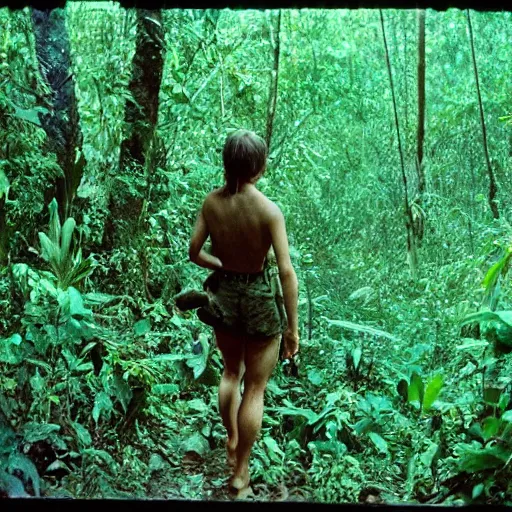 Prompt: film still, extreme far view, emma watson soldier hiking through dense vietnam jungle, film still from apocalypse now ( 1 9 7 9 ), 2 6 mm, kodak ektachrome, blue tint expired film,